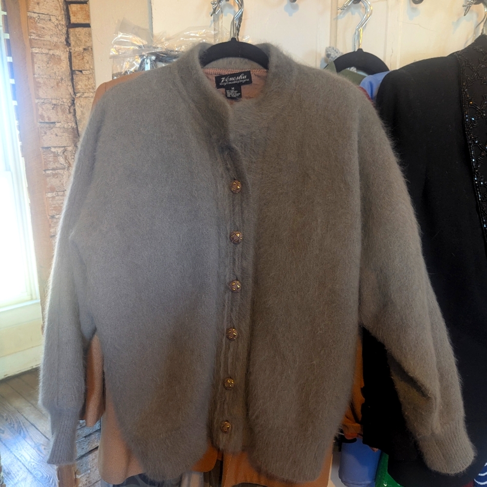 Oversized vintage gray angora cardigan sweater